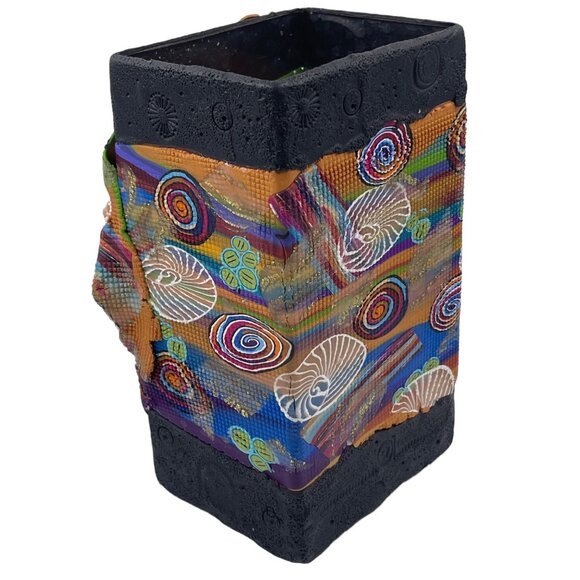 Collage Art Glass Vase Face Amid Multi-colors and Beads Stamped on Bottom - Picture 7 of 10